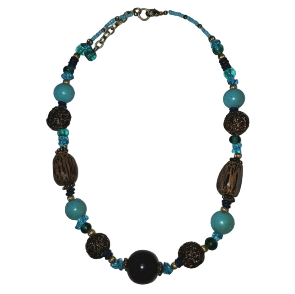 Artisan Made Turquoise and Brown Beaded Necklace - Picture 5 of 6